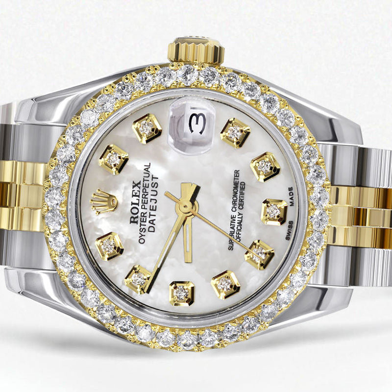 Womens Diamond Gold Hidden Clasp Rolex Watch | 1 Carat Bezel | 26Mm | Mother of Pearl Dial | Jubilee Band | Model 179173