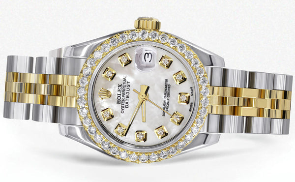 Womens Diamond Gold Hidden Clasp Rolex Watch | 1 Carat Bezel | 26Mm | Mother of Pearl Dial | Jubilee Band | Model 179173
