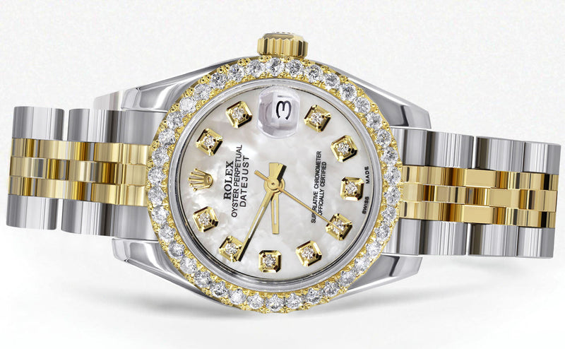 Womens Diamond Gold Hidden Clasp Rolex Watch | 1 Carat Bezel | 26Mm | Mother of Pearl Dial | Jubilee Band | Model 179173