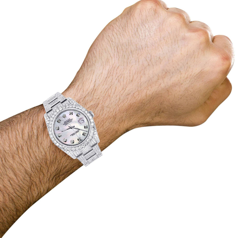 Iced Out Rolex Datejust 36 MM | Stainless Steel | 16.5 Carats of Diamonds | Light Mother of Pearl Diamond Dial | Oyster Band | Model 116200
