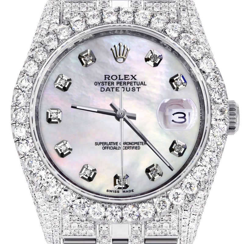 Iced Out Rolex Datejust 36 MM | Stainless Steel | 16.5 Carats of Diamonds | Mother of Pearl Diamond Dial | Jubilee Band | Model 116200