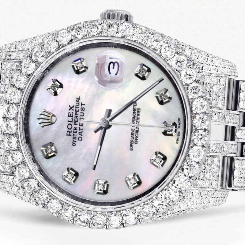 Iced Out Rolex Datejust 36 MM | Stainless Steel | 16.5 Carats of Diamonds | Mother of Pearl Diamond Dial | Jubilee Band | Model 116200