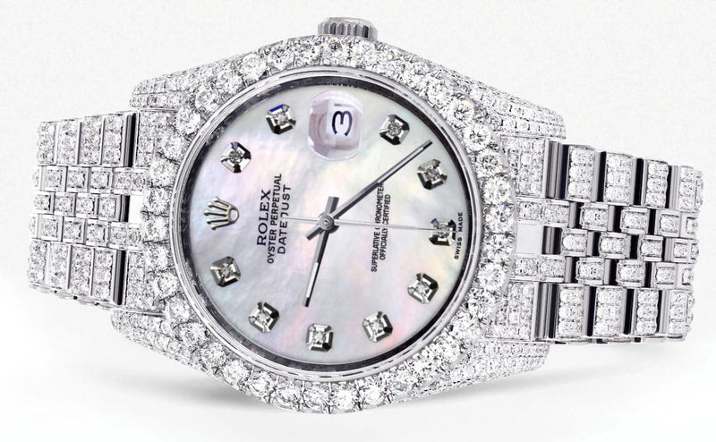 Iced Out Rolex Datejust 36 MM | Stainless Steel | 16.5 Carats of Diamonds | Mother of Pearl Diamond Dial | Jubilee Band | Model 116200
