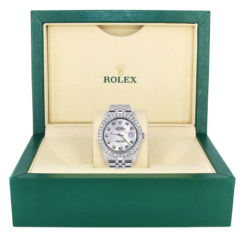 Iced Out Rolex Datejust 36 MM | Stainless Steel | 16.5 Carats of Diamonds | Mother of Pearl Diamond Dial | Jubilee Band | Model 116200