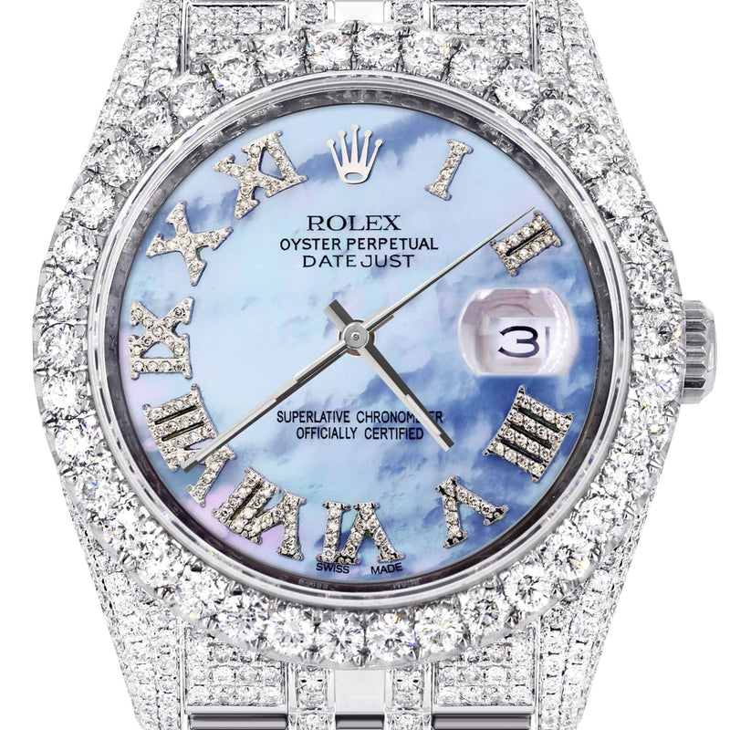 Iced Out Rolex Datejust 36 MM | Stainless Steel | 16.5 Carats of Diamonds | Blue Mother of Pearl Roman Diamond Dial | Jubilee Band | Model 116200