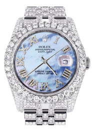 Iced Out Rolex Datejust 36 MM | Stainless Steel | 16.5 Carats of Diamonds | Blue Mother of Pearl Roman Diamond Dial | Jubilee Band | Model 116200
