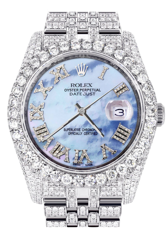 Iced Out Rolex Datejust 36 MM | Stainless Steel | 16.5 Carats of Diamonds | Blue Mother of Pearl Roman Diamond Dial | Jubilee Band | Model 116200