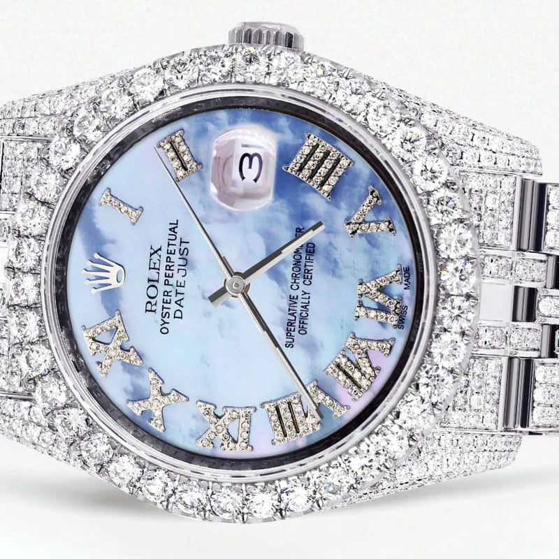 Iced Out Rolex Datejust 36 MM | Stainless Steel | 16.5 Carats of Diamonds | Blue Mother of Pearl Roman Diamond Dial | Jubilee Band | Model 116200