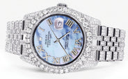 Iced Out Rolex Datejust 36 MM | Stainless Steel | 16.5 Carats of Diamonds | Blue Mother of Pearl Roman Diamond Dial | Jubilee Band | Model 116200