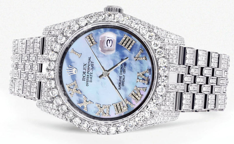 Iced Out Rolex Datejust 36 MM | Stainless Steel | 16.5 Carats of Diamonds | Blue Mother of Pearl Roman Diamond Dial | Jubilee Band | Model 116200