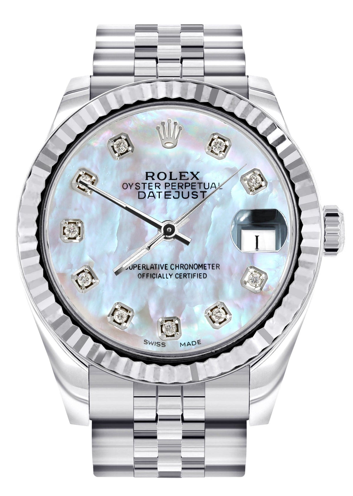 Diamond Rolex Watch | 68274 | Fluted Bezel | 31MM | Mother of Pearl Diamond Dial | Jubilee Band