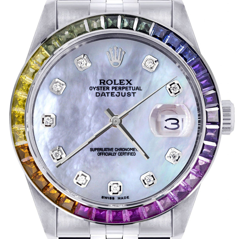 Diamond Gold Rolex Watch For Men 16200 | 36Mm | Rainbow Sapphire Bezel | Blue Mother Of Pearl Dial | Jubilee Band