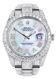Diamond Iced Out Rolex Datejust 41 | 25 Carats Of Diamonds | Mother of Pearl Dial | Two Row | Oyster Band