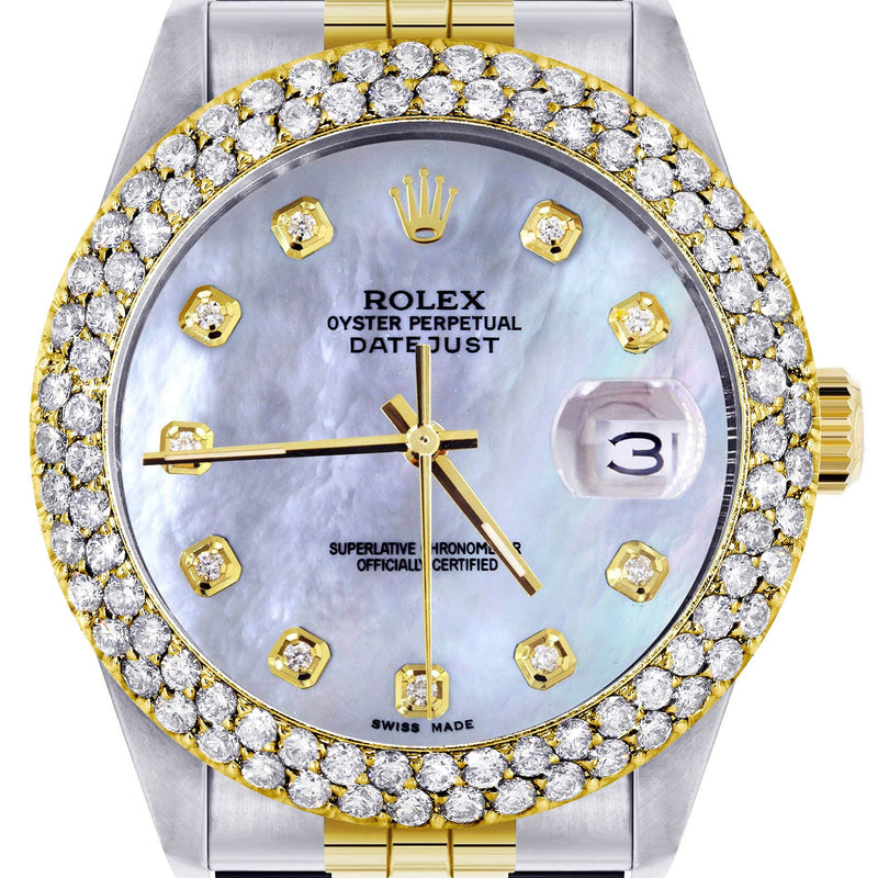 Diamond Gold Rolex Watch For Women 16233 | 36Mm | Mother of Pearl Dial | Two Row 4.25 Carat Bezel | Jubilee Band