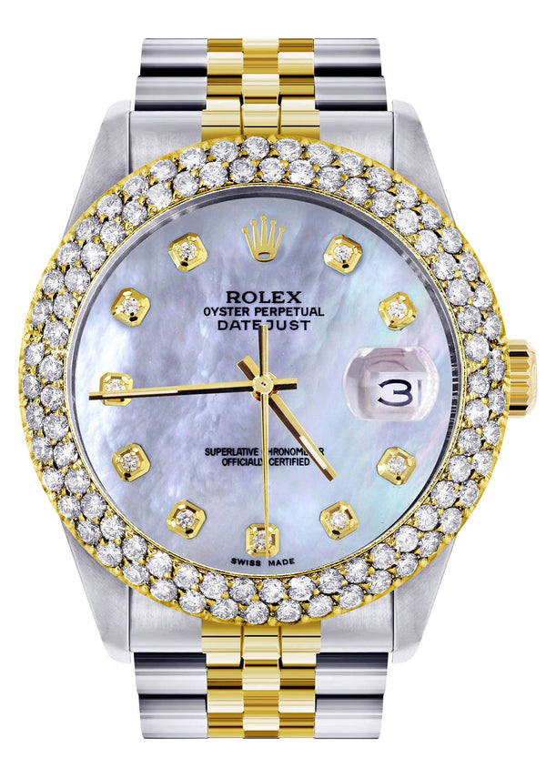 Diamond Gold Rolex Watch For Women 16233 | 36Mm | Mother of Pearl Dial | Two Row 4.25 Carat Bezel | Jubilee Band