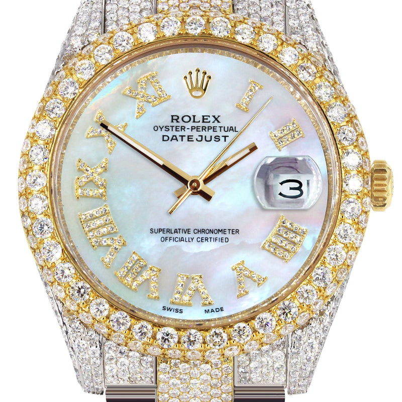 Diamond Iced Out Rolex Datejust 41 | 25 Carats Of Diamonds | Mother of Pearl Roman Numeral Dial | Two Tone | Two Row | Oyster Band