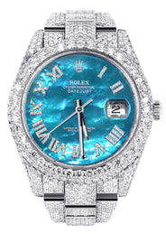 Diamond Iced Out Rolex Datejust 41 | 25 Carats Of Diamonds | Aquamarine Mother of Pearl Dial | Two Row | Oyster Band