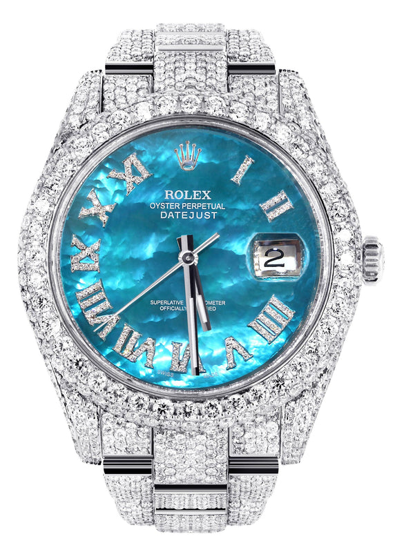 Diamond Iced Out Rolex Datejust 41 | 25 Carats Of Diamonds | Aquamarine Mother of Pearl Dial | Two Row | Oyster Band