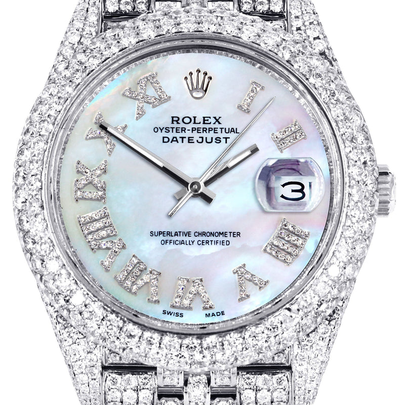 Womens Diamond Iced Out Rolex Datejust 41 | 25 Carats Of Diamonds | Custom Mother Of Pearl Dial | Two Row | Jubilee Band