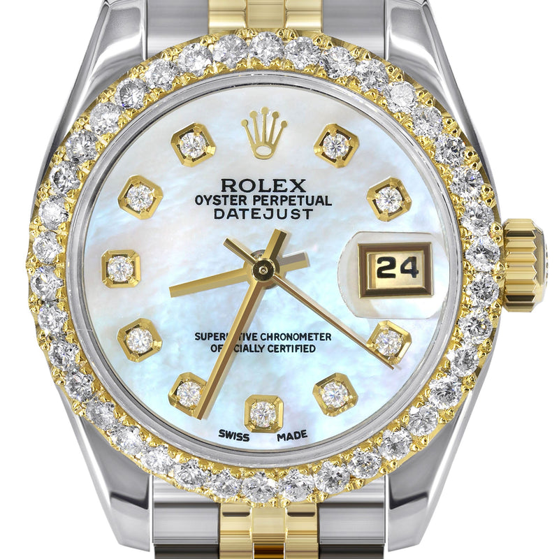 Womens Diamond Gold Hidden Clasp Rolex Watch | 1 Carat Bezel | 26Mm | Light Blue Mother of Pearl Dial | Jubilee Band | Model 179173