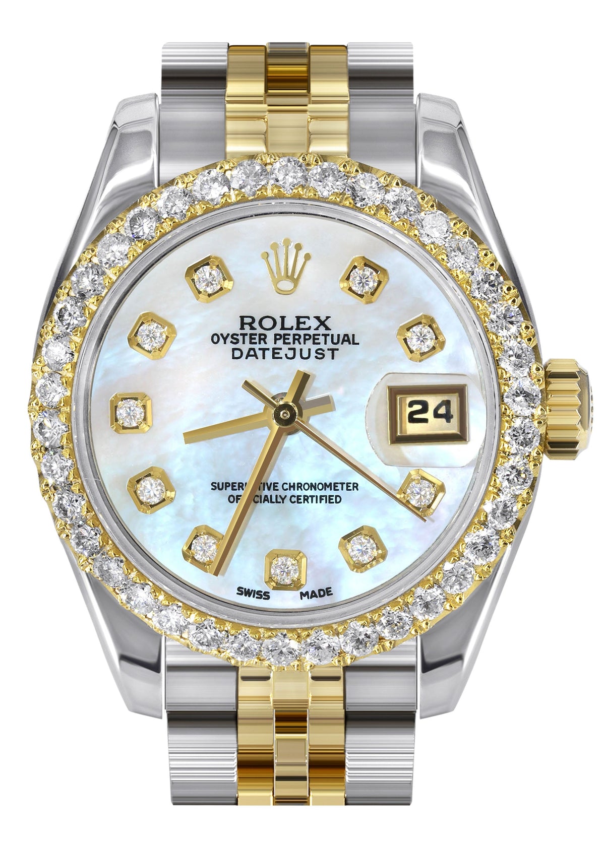 Womens Diamond Gold Hidden Clasp Rolex Watch | 1 Carat Bezel | 26Mm | Light Blue Mother of Pearl Dial | Jubilee Band | Model 179173