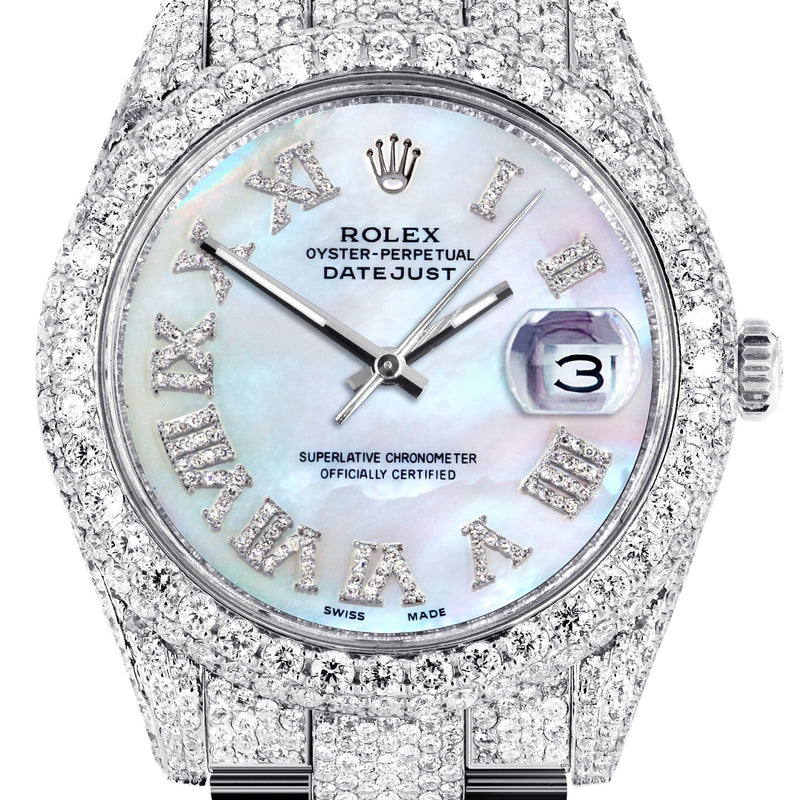 Womens Diamond Iced Out Rolex Datejust 41 | 25 Carats Of Diamonds | Mother of Pearl Dial | Two Row | Oyster Band