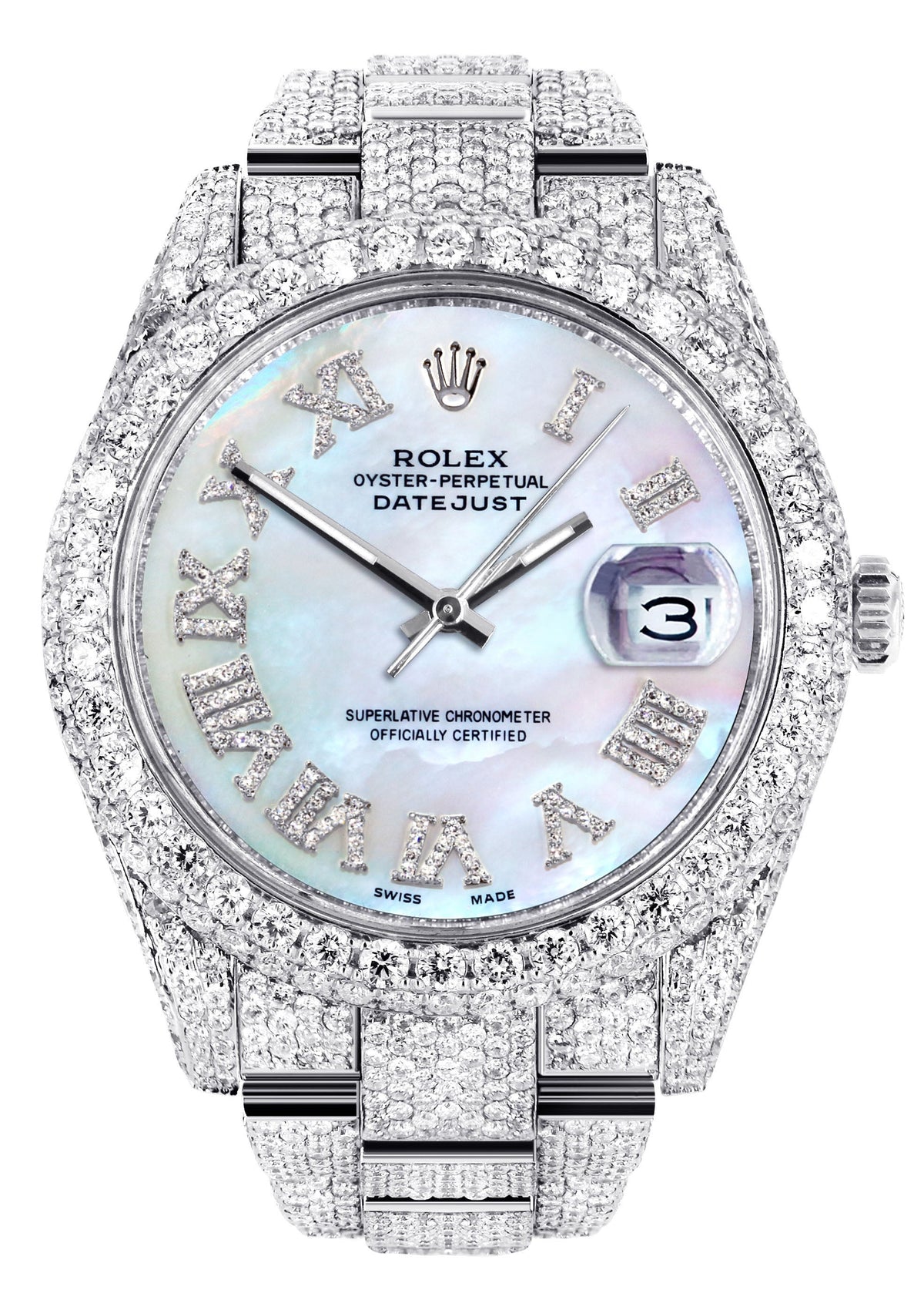 Womens Diamond Iced Out Rolex Datejust 41 | 25 Carats Of Diamonds | Mother of Pearl Dial | Two Row | Oyster Band
