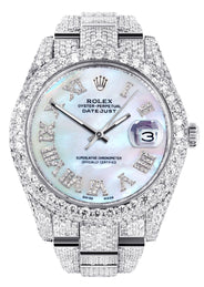 Womens Diamond Iced Out Rolex Datejust 41 | 25 Carats Of Diamonds | Mother of Pearl Dial | Two Row | Oyster Band