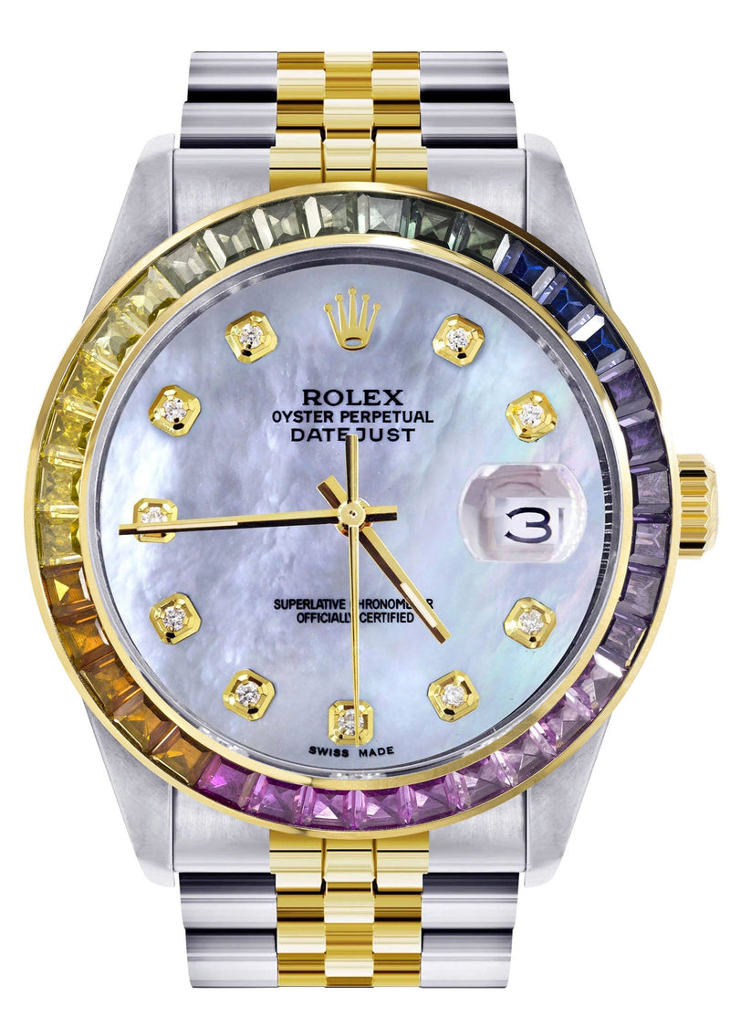 Diamond Gold Rolex Watch For Men 16233 | 36Mm | Rainbow Sapphire Bezel | Mother Of Pearl Dial | Jubilee Band