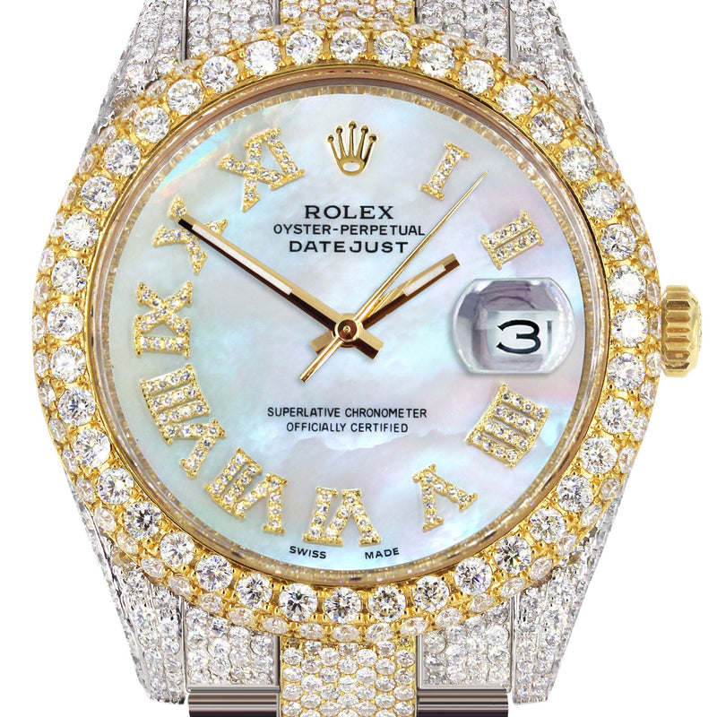Womens Diamond Iced Out Rolex Datejust 41 | 25 Carats Of Diamonds | Mother of Pearl Roman Numeral Dial | Two Tone | Two Row | Oyster Band