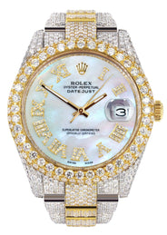 Womens Diamond Iced Out Rolex Datejust 41 | 25 Carats Of Diamonds | Mother of Pearl Roman Numeral Dial | Two Tone | Two Row | Oyster Band