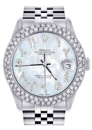 Mens Rolex Datejust Watch 16200 | 36Mm | Mother of Pearl Arabic Diamond Dial | Two Row 4.25 Carat Bezel | Jubilee Band