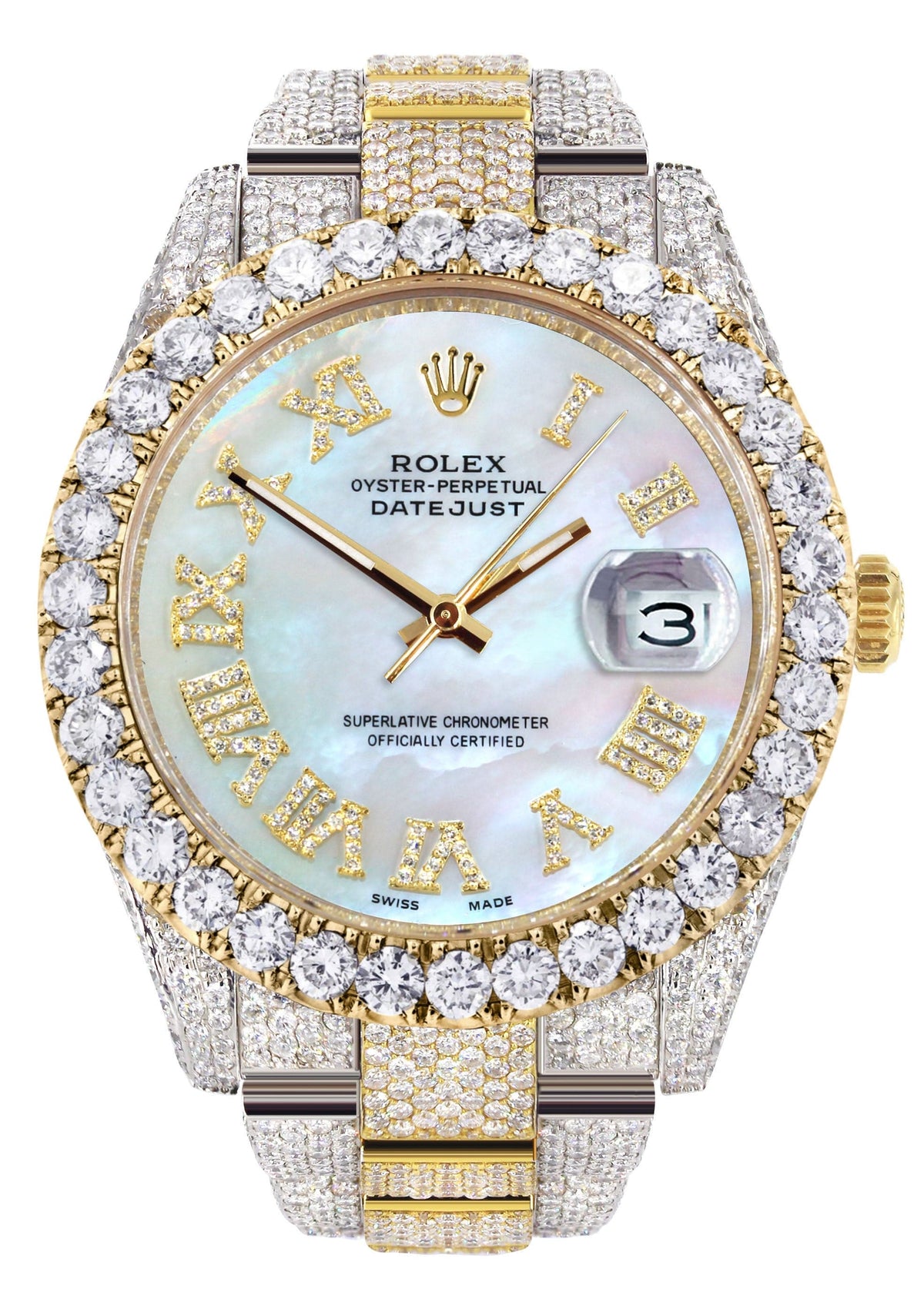 Diamond Iced Out Rolex Datejust 41 | 25 Carats Of Diamonds | Mother Of Pearl Dial | Two Tone | Oyster Band