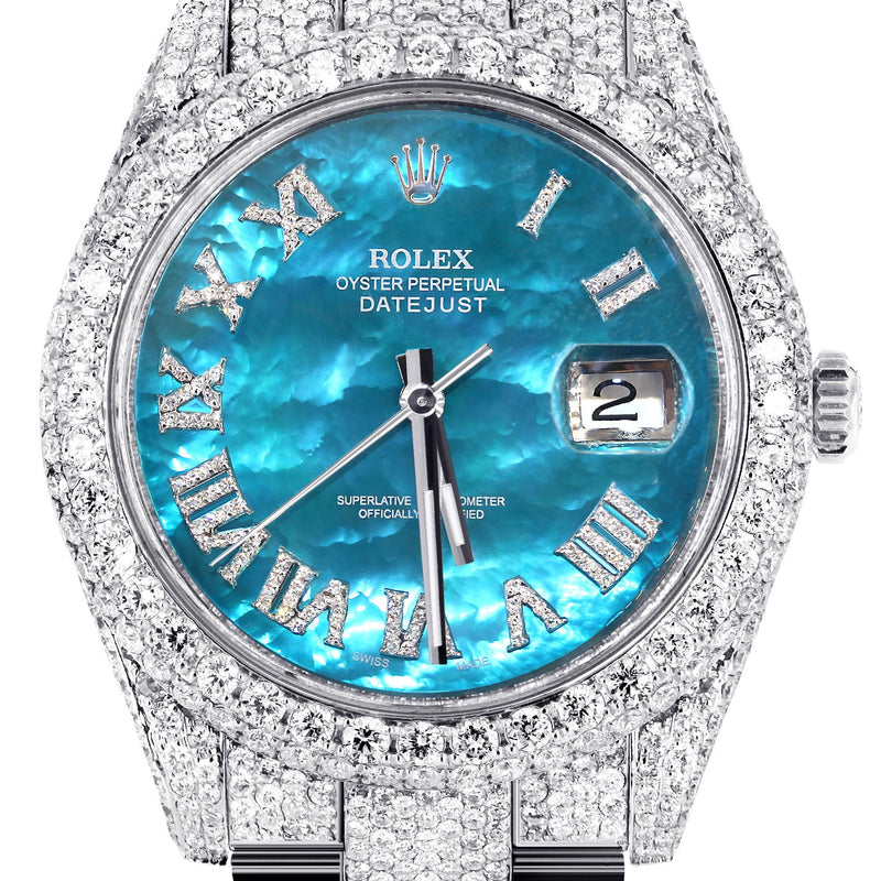 Womens Diamond Iced Out Rolex Datejust 41 | 25 Carats Of Diamonds | Aquamarine Mother of Pearl Dial | Two Row | Oyster Band