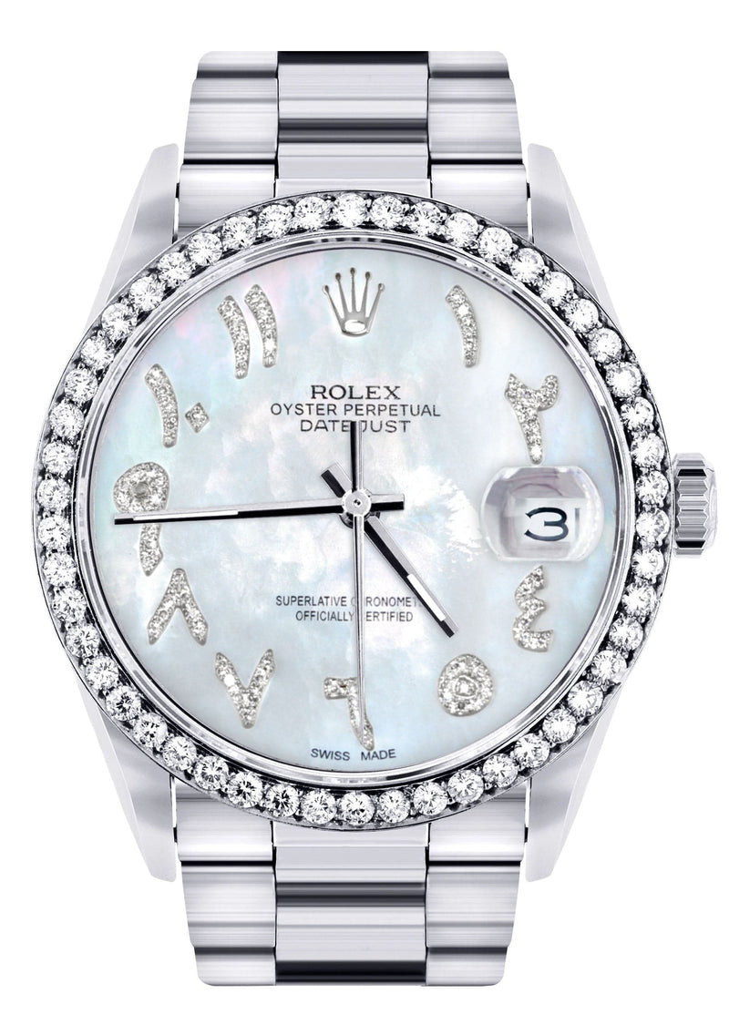 Diamond Mens Rolex Datejust Watch 16200 | 36Mm | Mother of Pearl Arabic Diamond Dial | Oyster Band