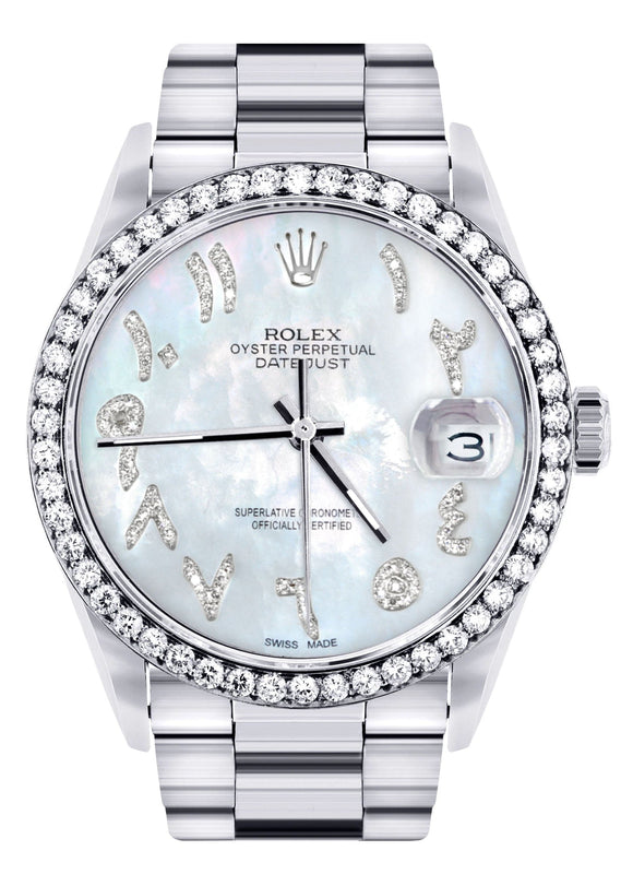 Diamond Mens Rolex Datejust Watch 16200 | 36Mm | Mother of Pearl Arabic Diamond Dial | Oyster Band