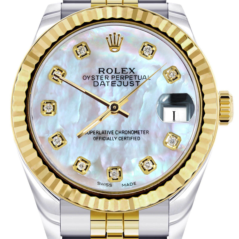 Diamond Gold Rolex Watch | 68273 | Fluted Bezel | 31MM | Mother of Pearl Diamond Dial | Jubilee Band