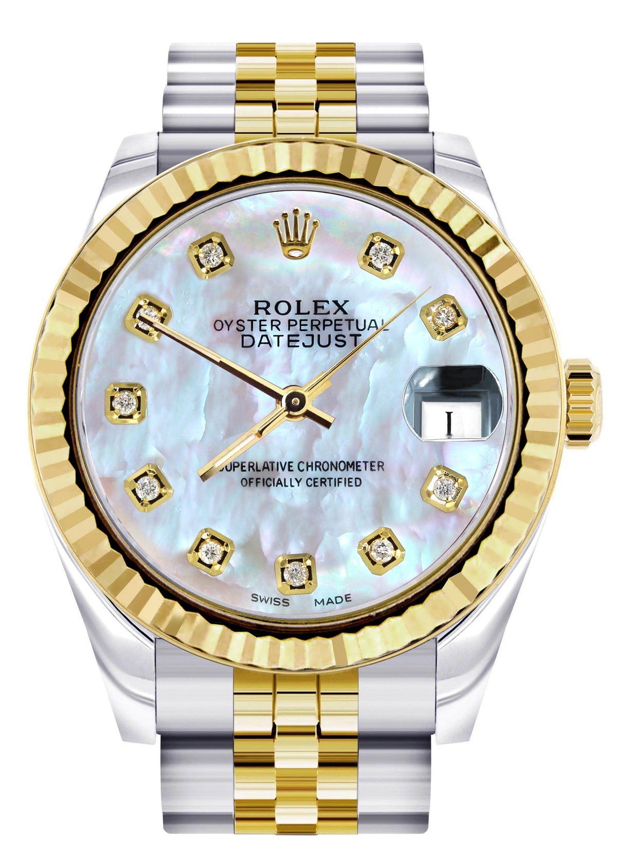 Diamond Gold Rolex Watch | 68273 | Fluted Bezel | 31MM | Mother of Pearl Diamond Dial | Jubilee Band