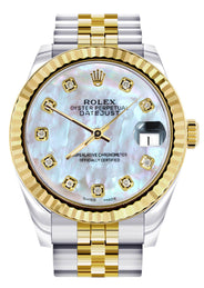 Diamond Gold Rolex Watch | 68273 | Fluted Bezel | 31MM | Mother of Pearl Diamond Dial | Jubilee Band