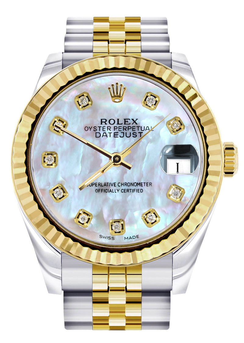 Diamond Gold Rolex Watch | 68273 | Fluted Bezel | 31MM | Mother of Pearl Diamond Dial | Jubilee Band