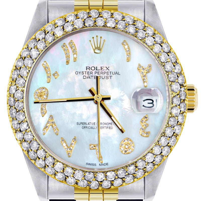 Diamond Gold Rolex Watch For Women 16233 | 36Mm | Mother of Pearl Arabic Diamond Dial | Two Row 4.25 Carat Bezel | Jubilee Band