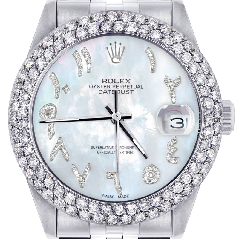 Womens Rolex Datejust Watch 16200 | 36Mm | Mother of Pearl Arabic Diamond Dial | Two Row 4.25 Carat Bezel | Jubilee Band