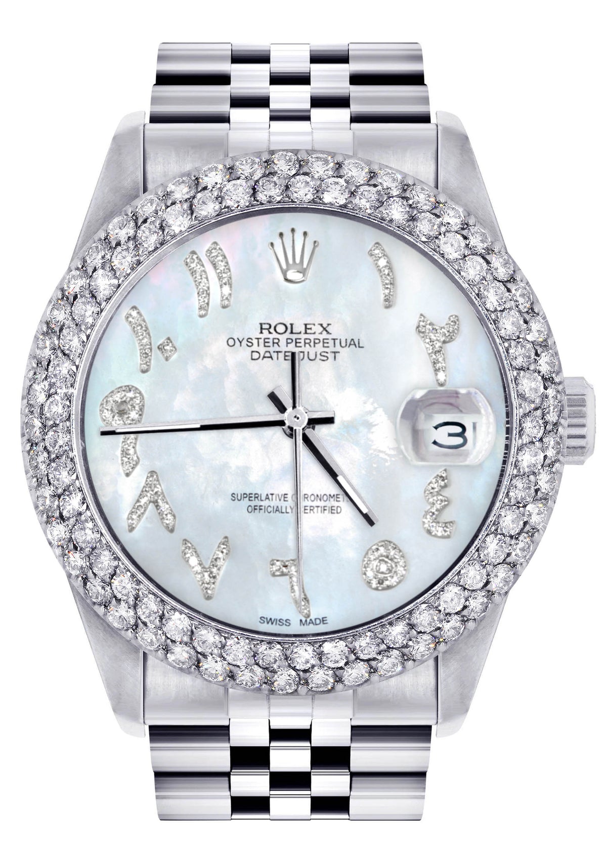 Womens Rolex Datejust Watch 16200 | 36Mm | Mother of Pearl Arabic Diamond Dial | Two Row 4.25 Carat Bezel | Jubilee Band
