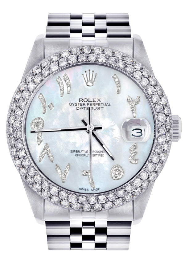 Womens Rolex Datejust Watch 16200 | 36Mm | Mother of Pearl Arabic Diamond Dial | Two Row 4.25 Carat Bezel | Jubilee Band
