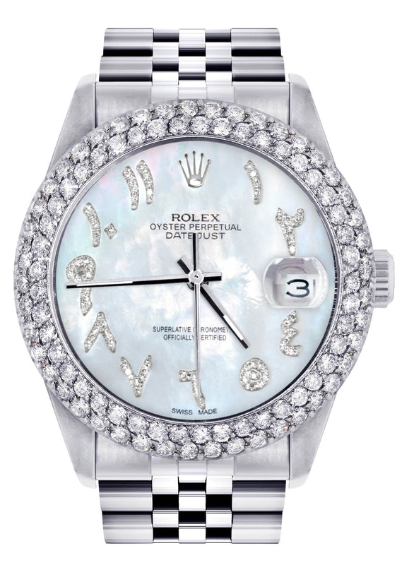 Womens Rolex Datejust Watch 16200 | 36Mm | Mother of Pearl Arabic Diamond Dial | Two Row 4.25 Carat Bezel | Jubilee Band