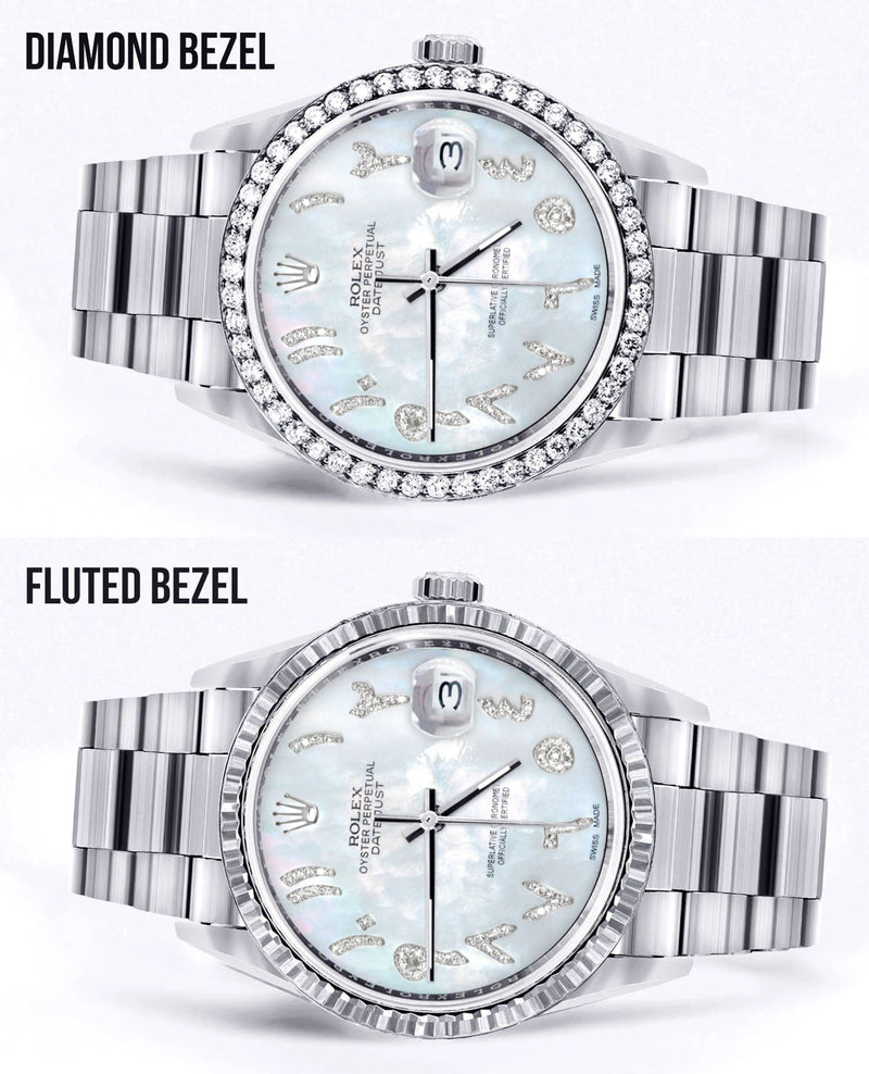 Diamond Mens Rolex Datejust Watch 16200 | 36Mm | Mother of Pearl Arabic Diamond Dial | Oyster Band