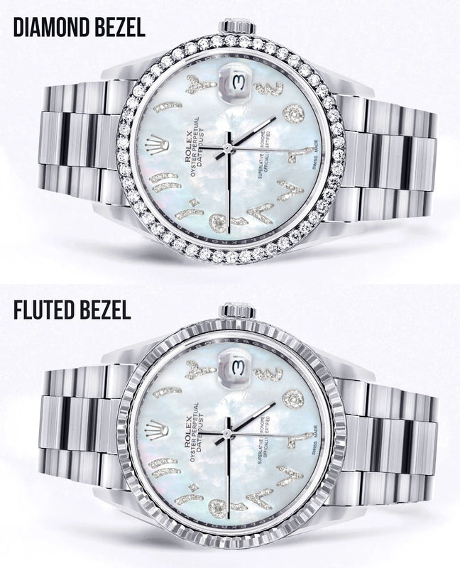 Diamond Mens Rolex Datejust Watch 16200 | 36Mm | Mother of Pearl Arabic Diamond Dial | Oyster Band