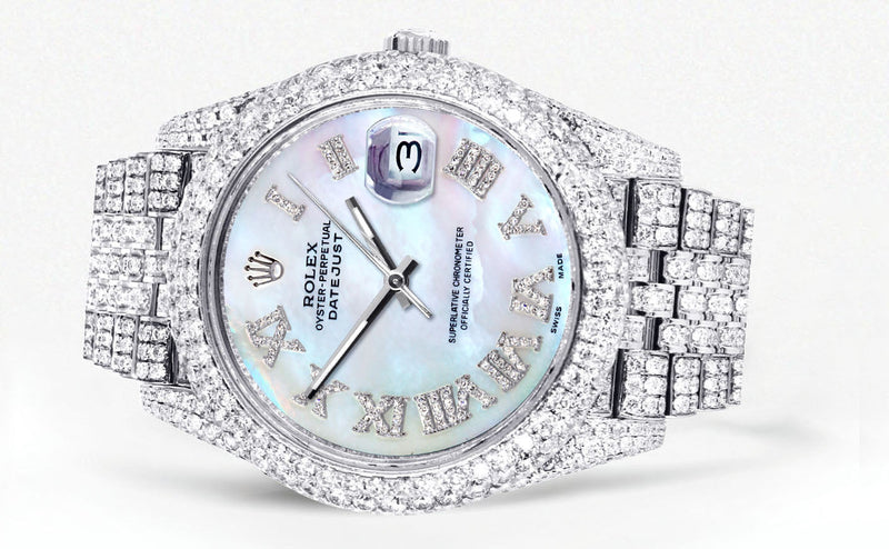 Womens Diamond Iced Out Rolex Datejust 41 | 25 Carats Of Diamonds | Custom Mother Of Pearl Dial | Two Row | Jubilee Band