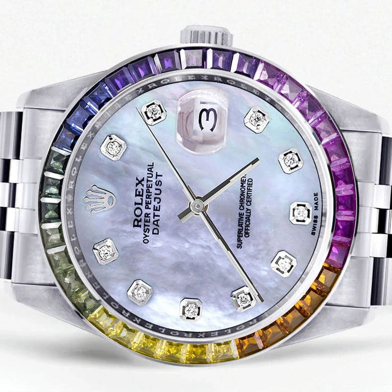 Diamond Gold Rolex Watch For Men 16200 | 36Mm | Rainbow Sapphire Bezel | Blue Mother Of Pearl Dial | Jubilee Band
