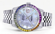 Diamond Gold Rolex Watch For Men 16200 | 36Mm | Rainbow Sapphire Bezel | Blue Mother Of Pearl Dial | Jubilee Band